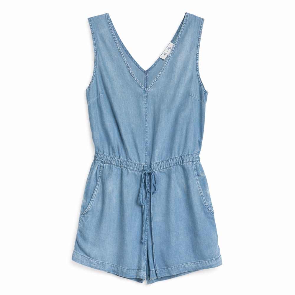 She + Sky Chambray Romper Size L Tencel Blue Boho Casual Summer Fit